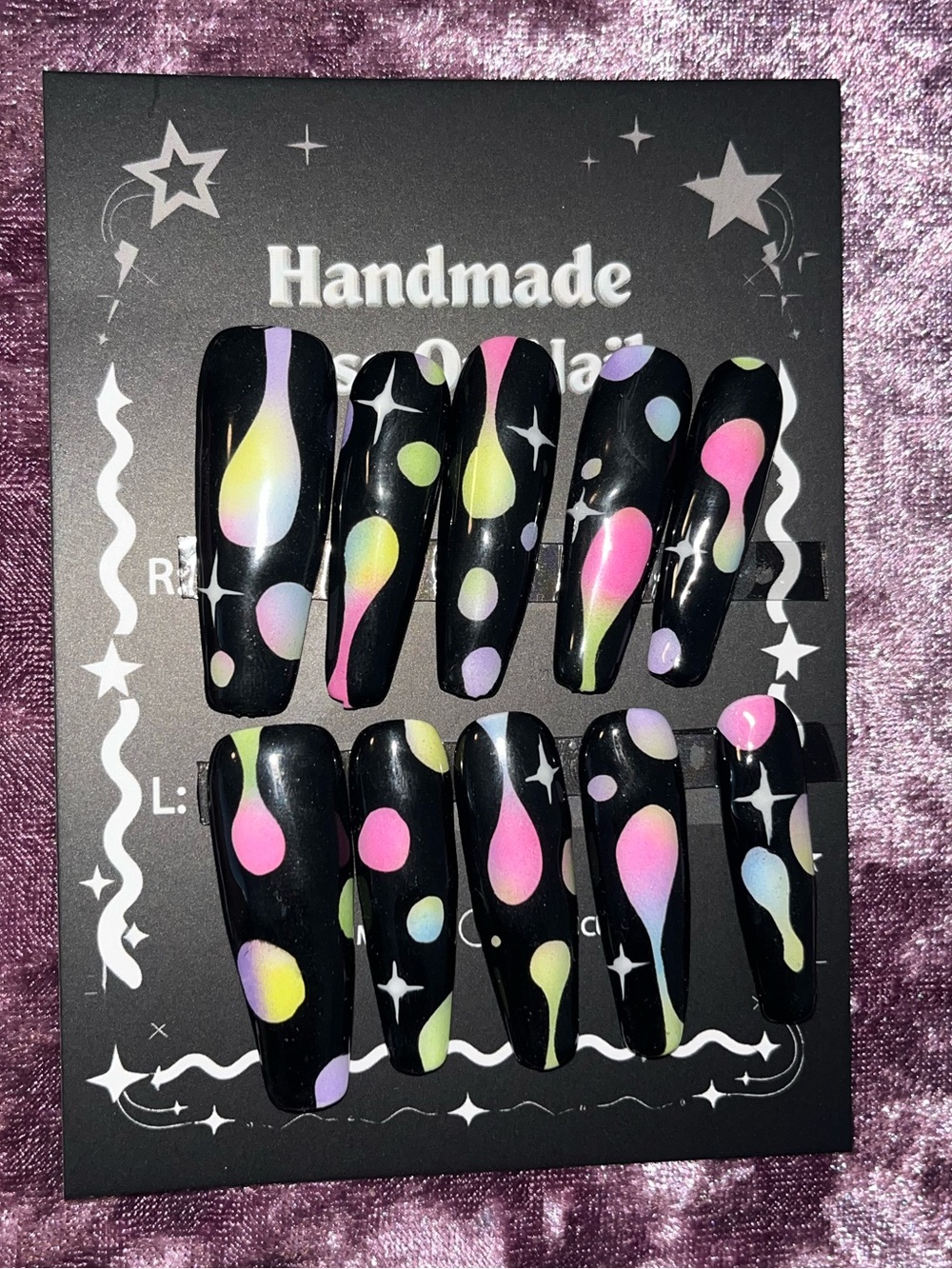 Handmade Black Fake Nail Set with Pastel Pink, Yellow & Purple Drip Design